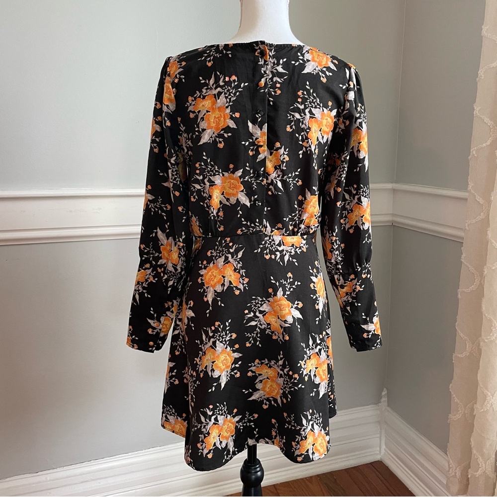 Free People Floral Black and Orange Dress Long Sleeves Button Back Side Zip Sz 8 - Picture 7 of 15